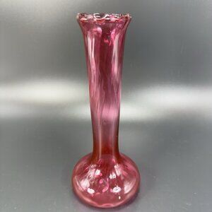 Antique Cranberry Art Glass Vase Wavy Ruffled Top Bud Vase Hand Blown Textured